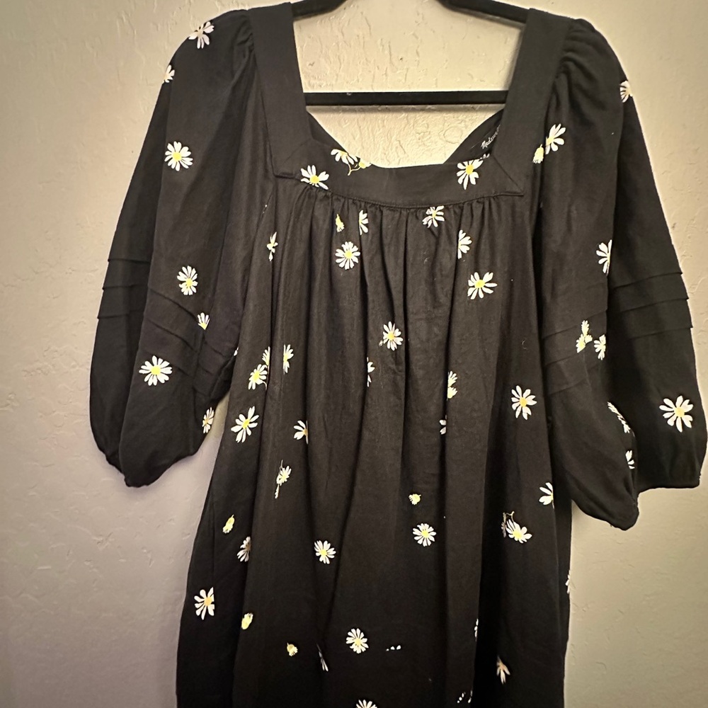 Madewell Black Mini Dress with White & Yellow Daisy Print
